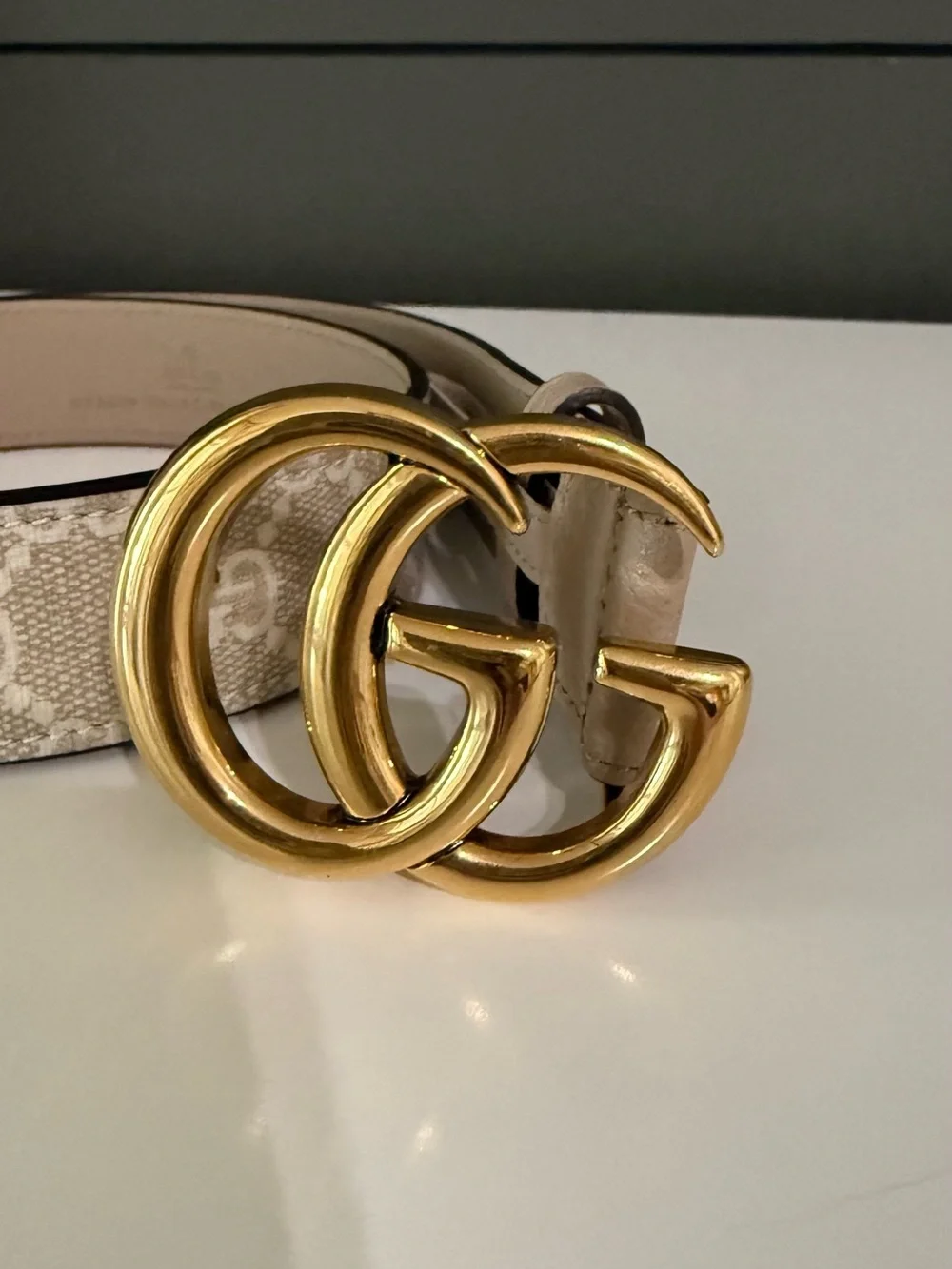 Gucci Beige GG Canvas Belt with Gold Double G Buckle